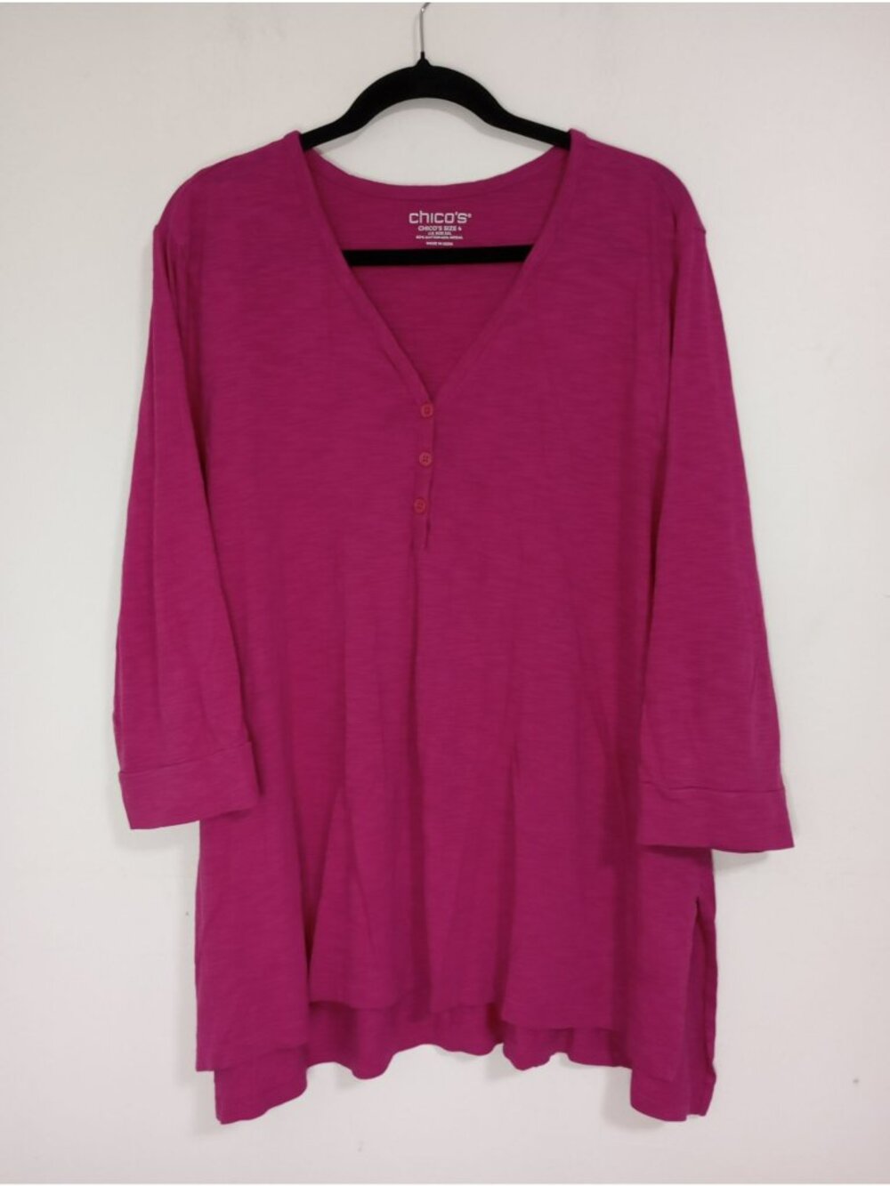 Chicos Pink 3/4 Sleeve Tunic Top XXL V-Neck Button Detail Cotton Blend Women